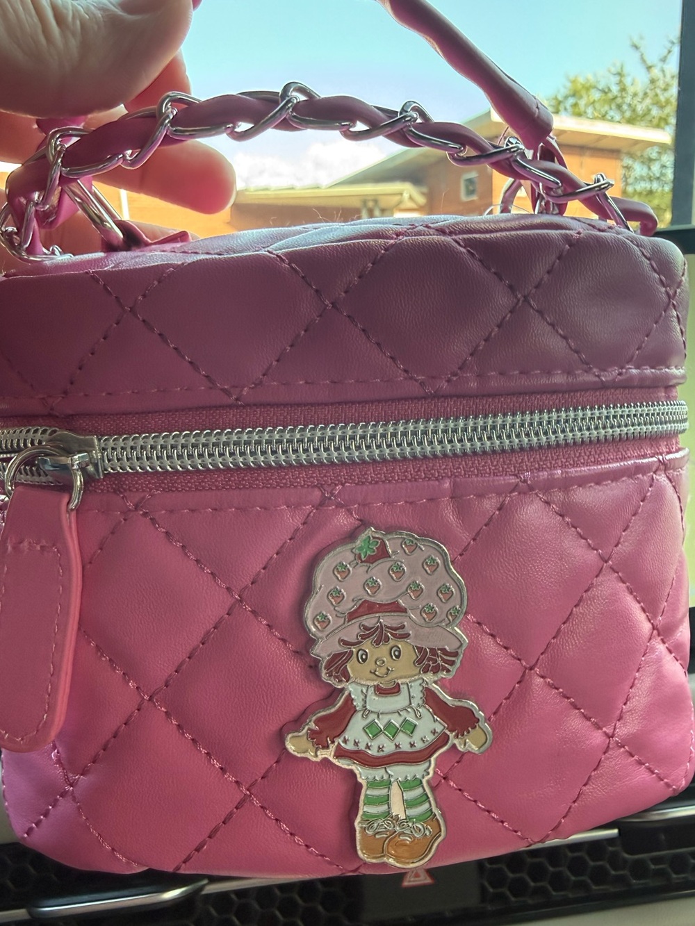 Pink Quilted Top-Handle Cross Body Bag with Strawberry Character